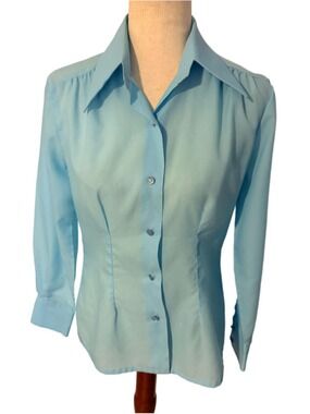 VTG 70s Kmart Polyester Blouse Blue Dagger Disco Collar Shirt sz 34 crisp